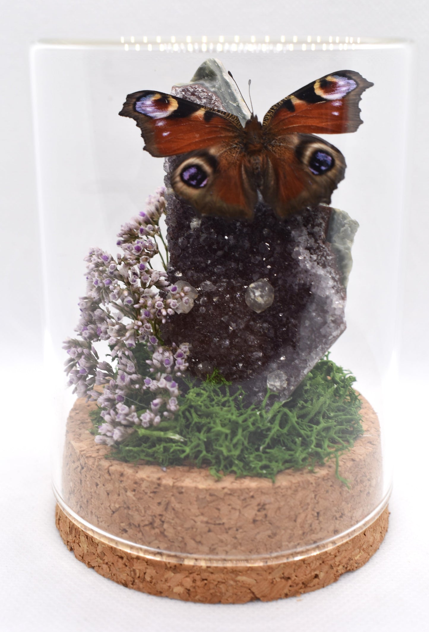 Vlinderstolp met een Dagpauwoog op Amethist