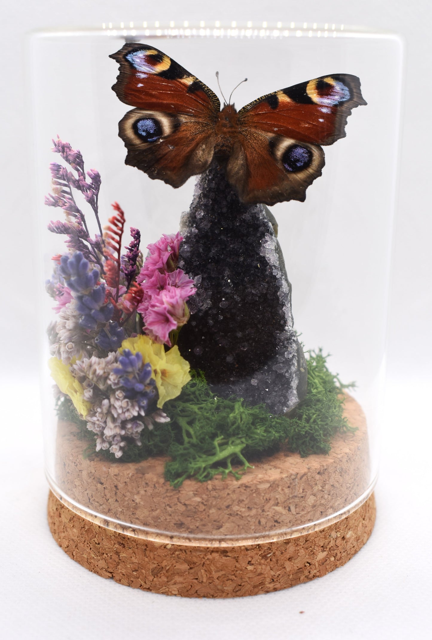 Vlinderstolp met een Dagpauwoog op Amethist