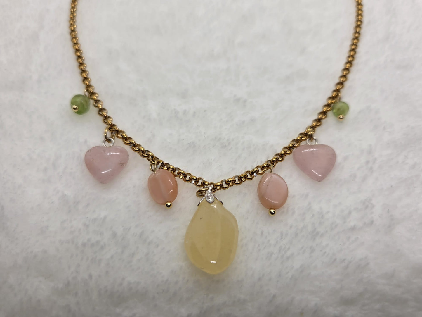 Statementketting Peridoot, Maansteen, Rozenkwarts, Calciet