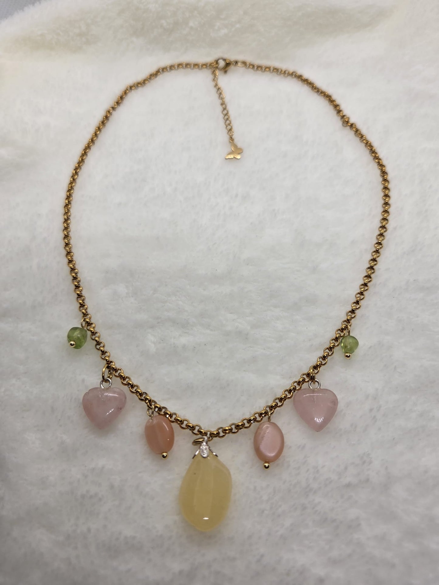 Statementketting Peridoot, Maansteen, Rozenkwarts, Calciet